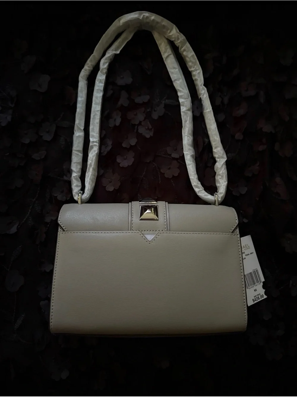 Michael Kors Pearl Gray Leather Shoulder Bag with Silver Pyramid Hardware